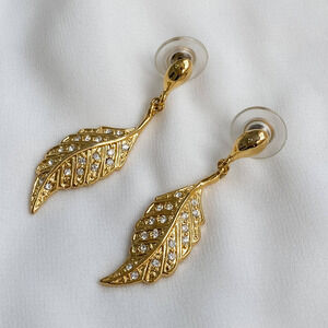 VTG Gold Wavy Diamond Leaf Earrings